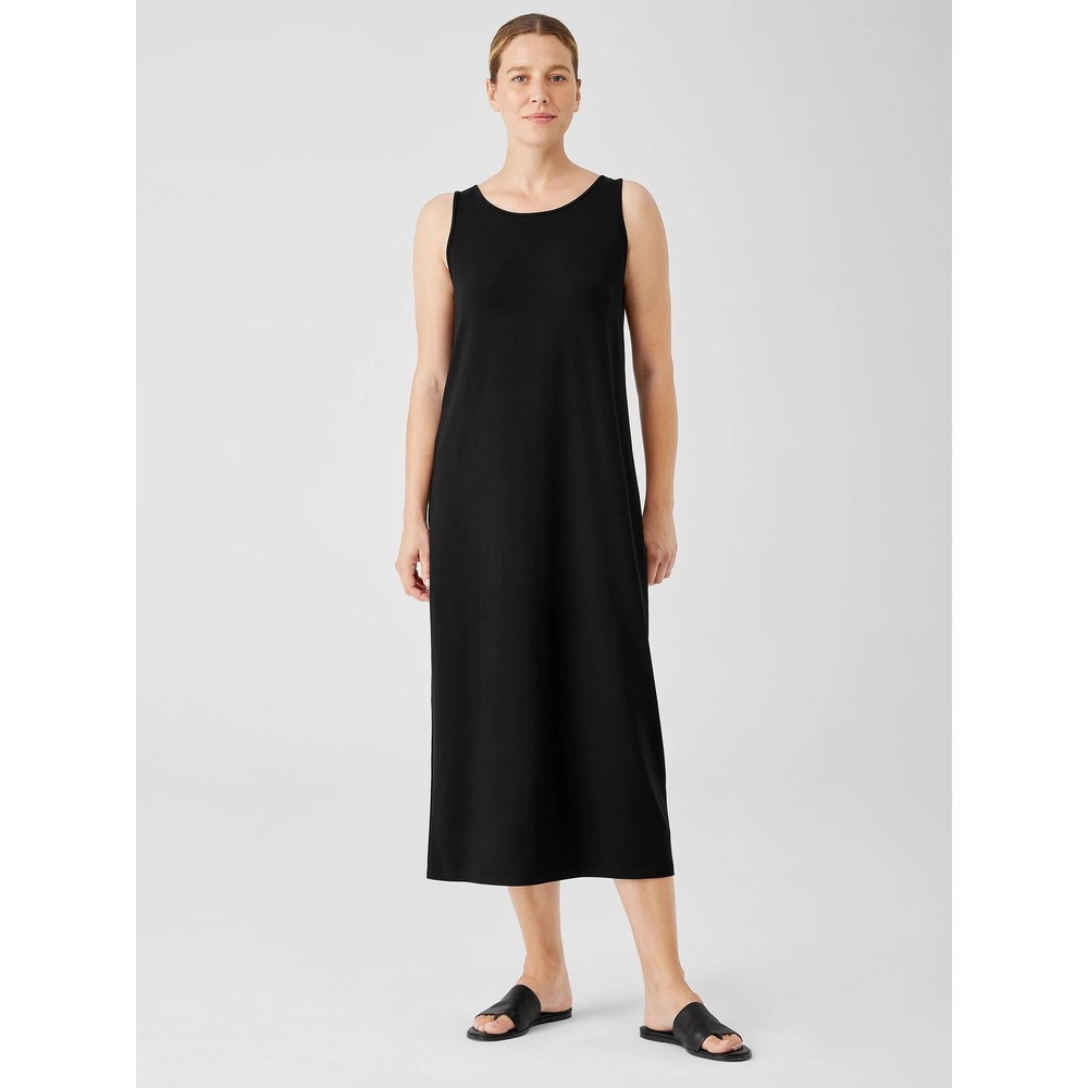 Eileen Fisher Black Viscose Spandex Sleeveless Midi Dress Tank Dress boho artsy